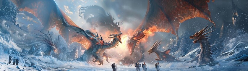 Fototapeta premium An epic battle between fire and ice dragons above a frozen landscape