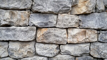 Fototapeta premium Close-up of a light gray stone wall with rough textures and subtle grunge details, offering a modern and abstract background for banners