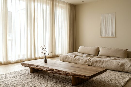 Minimalist, modern japandi interior design of a living room with windows and curtains and a sofa. Generative AI
