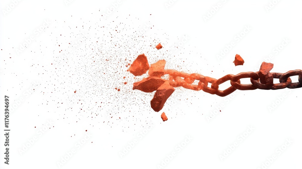 Poster a broken chain disperses into fragments, symbolizing freedom and release from constraints against a 