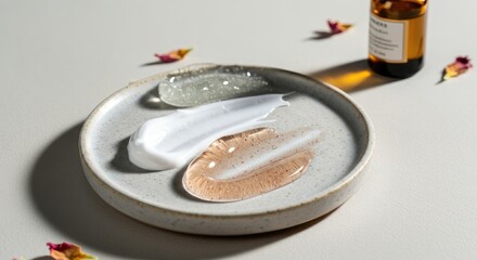 Three skincare products on plate, diverse textures, white surface, dried flower petals nearby