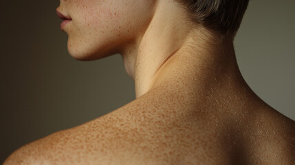 close up of person upper back and shoulder, showcasing skin texture and freckles, highlighting natural beauty and uniqueness