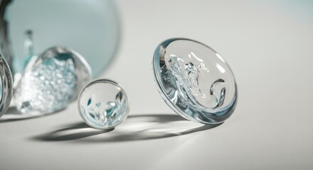 Clear blown glass sculptures with intricate inner designs