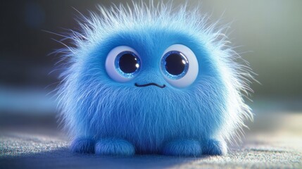 Obraz premium Cute blue little monster, a furry texture, blue background, lovely style, 3d rendering