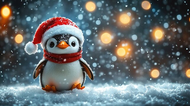 A cheerful penguin wearing a Santa hat and scarf, surrounded by snow and festive lights, evoking holiday spirit.