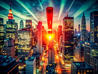 Fototapeta premium Urgent Warning! Double Exposure Stock Photo - Red Exclamation Mark Over Cityscape