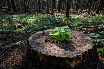 A bright green sapling growing out of a tree stump in a forest, symbolizing regeneration and the cycle of nature.