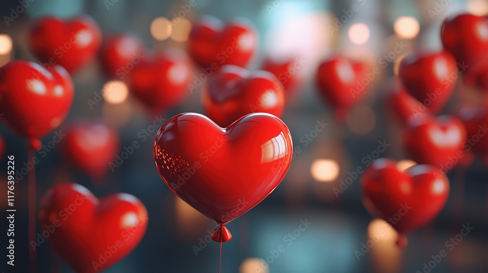 Poster charming 3d illustration of red heart balloons floating in a dreamy background with soft lighting an