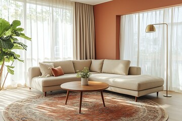 A modern minimalist interior design in the living room with orange-lined walls and beige sofas. Generative AI
