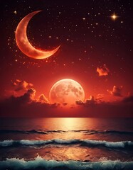 Naklejka premium Crimson Moonlit Ocean Night Sky Celestial Scene