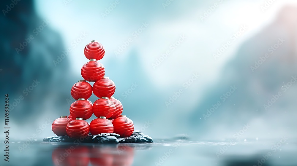 Aufkleber towering red lanterns stacked in a pyramidal shape reflecting on the still surface of a pond or lake