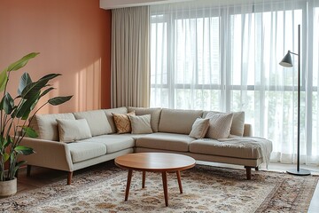Fototapeta premium A modern minimalist interior design in the living room with orange-lined walls and beige sofas. Generative AI 