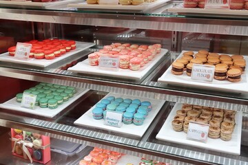 Macaron many flavors in showcase fridge