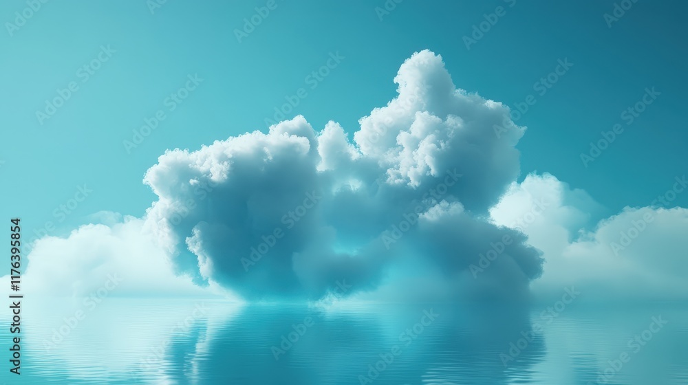 Poster 3d illustration of a digital cloud floating on a calm blue background with reflections and soft ligh