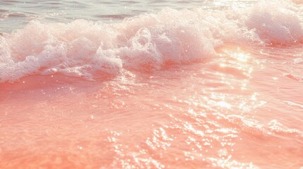 Fototapeta premium Closeup of a clear pink water surface with smooth waves, soft splashes, and bubbles, illuminated by coral hues in sunlight, perfect for a summer background
