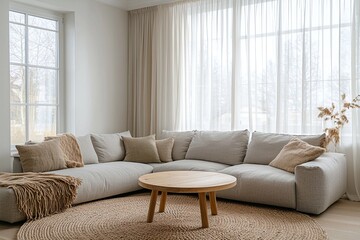 Fototapeta premium Minimalist, modern Scandinavian interior design of the living room with windows and curtains visible and sofa. Generative AI 
