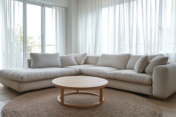 Fototapeta premium Minimalist, modern Scandinavian interior design of the living room with windows and curtains visible and sofa. Generative AI 