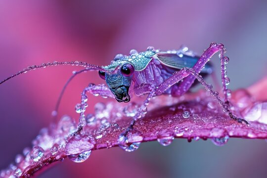 A bush-cricket resting on a dew-covered leaf, its fine details enhanced by water droplets.