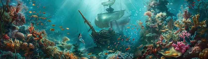 Foto auf Acrylglas Meerjungfrau An underwater scene capturing the moment a mermaid discovers a sunken pirate ship filled with treasures  © charoensuk