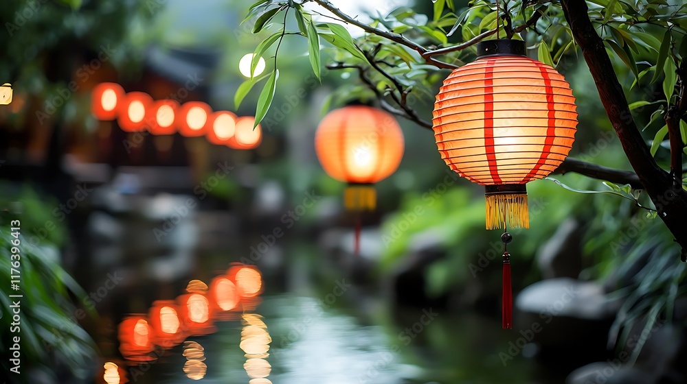 Poster tranquil garden scene with vibrant red lanterns hanging from tree branches their warm glow reflected