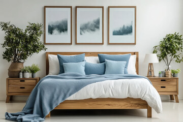 Fototapeta premium wooden bed with blue pillows and two bedside cabinets against white wall