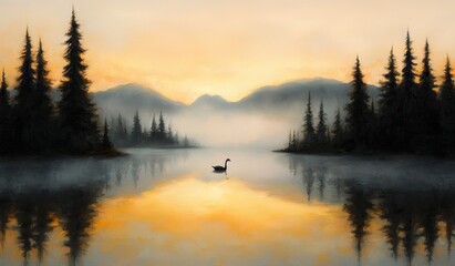 Fototapeta premium Serene Lake at Sunrise with a Lone Swan and Majestic Mountains