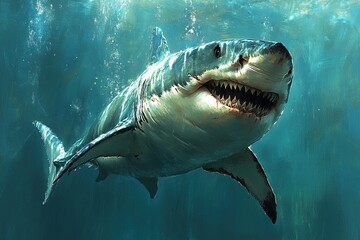 Naklejka premium A realistic depiction of a great white shark swimming underwater, showcasing its powerful presence.