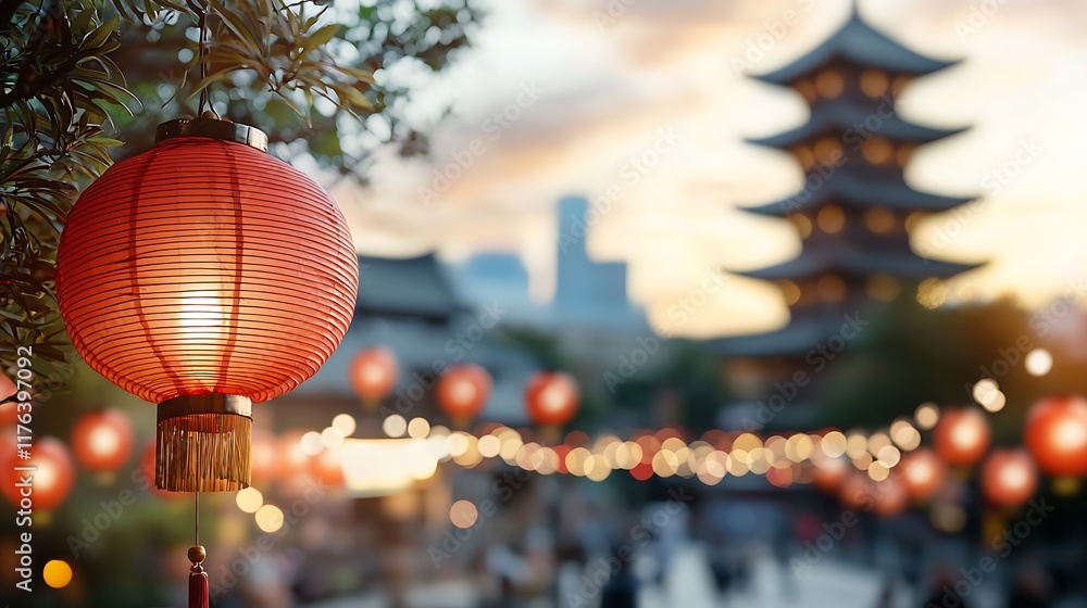 Poster vibrant nighttime scene of a towering asian style pagoda surrounded by glowing red lanterns creating