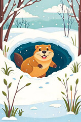 Smiling groundhog emerging from its snowy burrow in a winter forest, surrounded by nature, symbolizing the seasonal transition and Groundhog Day celebration.