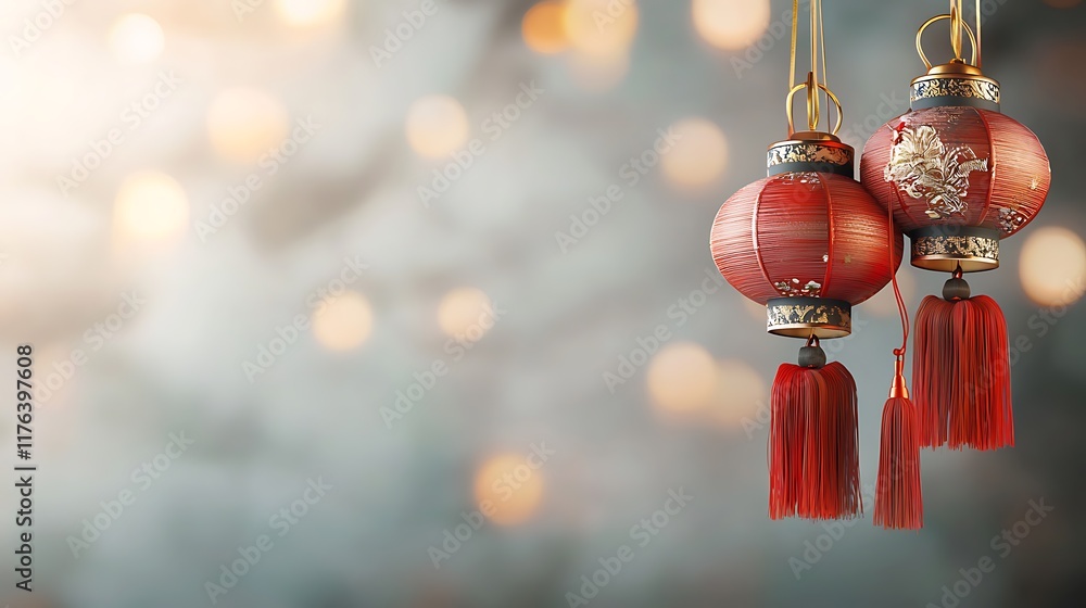 Poster vibrant red and gold chinese lanterns with glowing tassels hanging in a festive atmospheric backgrou