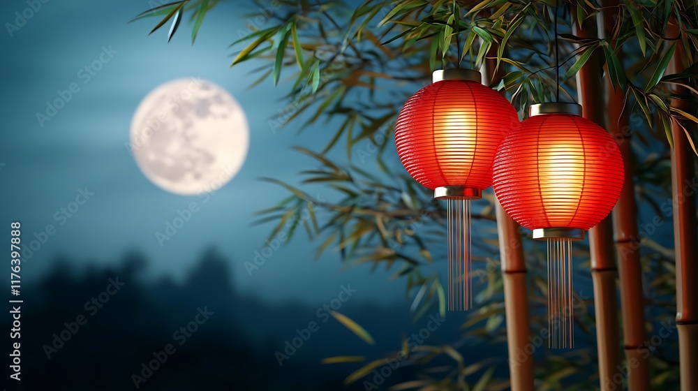 Poster vibrant red chinese lanterns hanging in a tranquil moonlit bamboo grove creating a serene and festiv