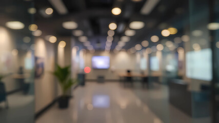 Fototapeta premium a blurry photo of a glass wall in an office building with a desk and chairs in the background, Enguerrand Quarton, institutional critique, dof, a stock photo