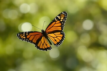 Fototapeta premium A butterfly in mid-flight, its wings glowing against a blurred green background.