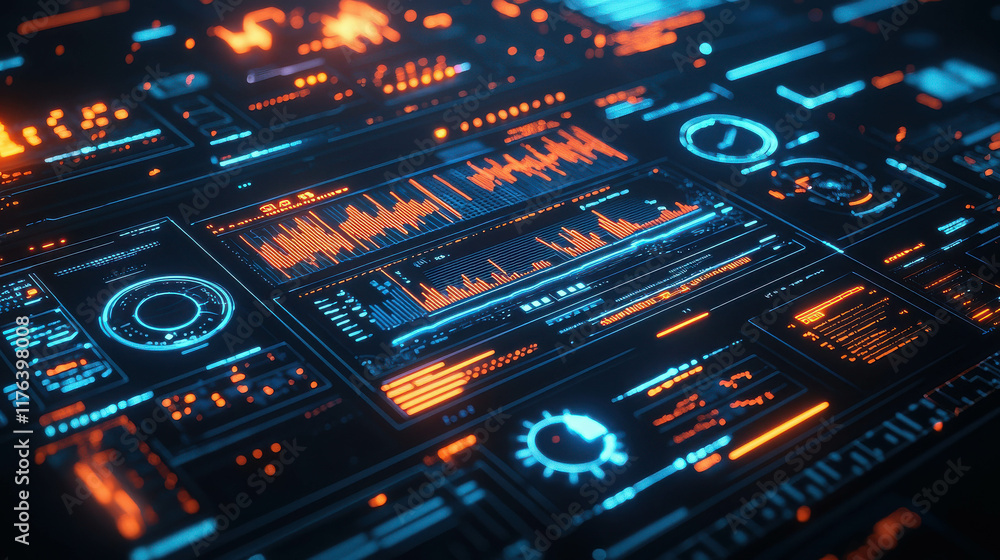 Poster futuristic data interface with holographic charts and glowing elements