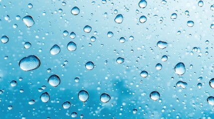 Crystal-clear water bubbles suspended on a bright blue background, evoking a sense of cleanliness, freshness, and serenity