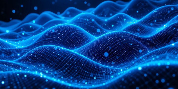 Abstract blue waves of digital data flow.
