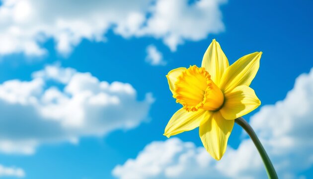 A solitary yellow daffodil blooms against a vibrant blue sky dotted with fluffy white clouds