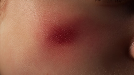 Fototapeta premium close up image of bruised area on skin, showing red and purple discoloration. texture of skin is visible, highlighting impact of bruise