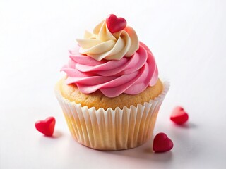 Valentine's Day Cupcake with Sugar Hearts - Minimalist White Background Stock Photo