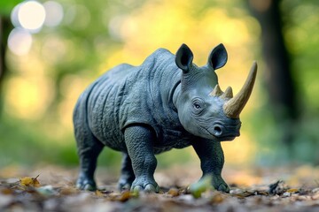 Fototapeta premium Rhinoceros toy action figure full body front view with blur forest background. World Rhino Day. World Wildlife Day. 
