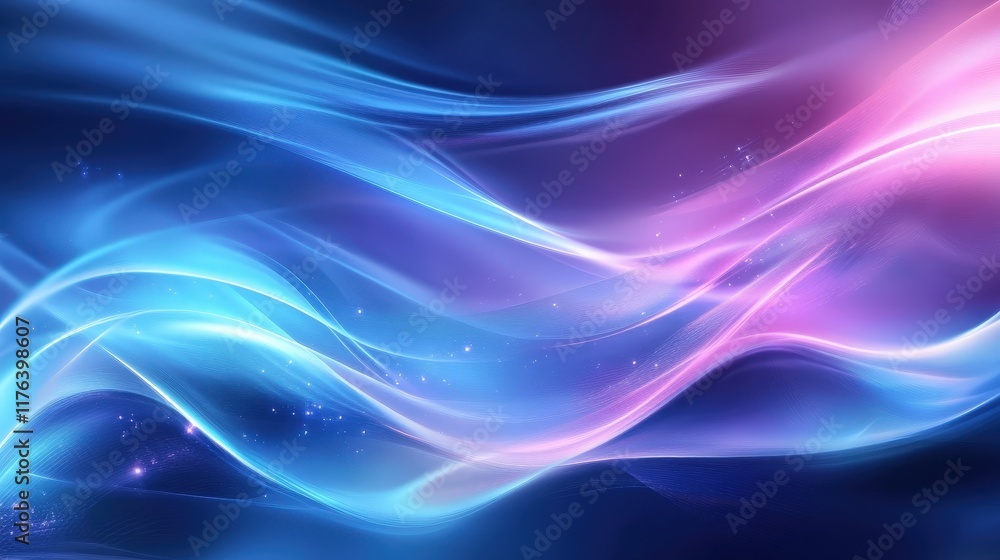 Poster abstract waves of blue and purple light in a futuristic design with smooth shapes and wavy patterns 