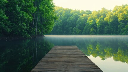 Tranquil Dock Overlooking Misty Lake Surrounded by Lush Forest