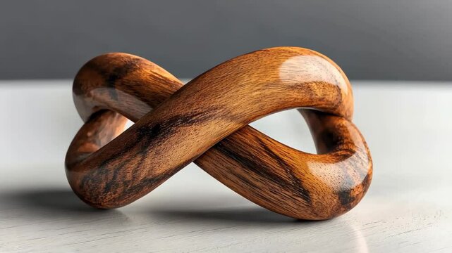 Abstract wooden infinity sculpture, minimalist mobius strip art piece on gray background