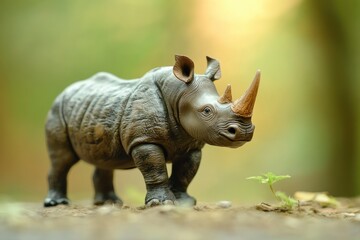 Fototapeta premium Rhinoceros toy action figure full body front view with blur forest background. World Rhino Day. World Wildlife Day. 