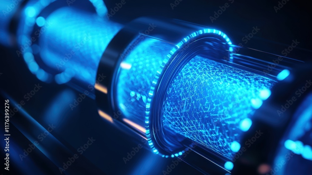 Poster abstract blue glowing polygonal shapes representing technology concept with dynamic lighting and mod