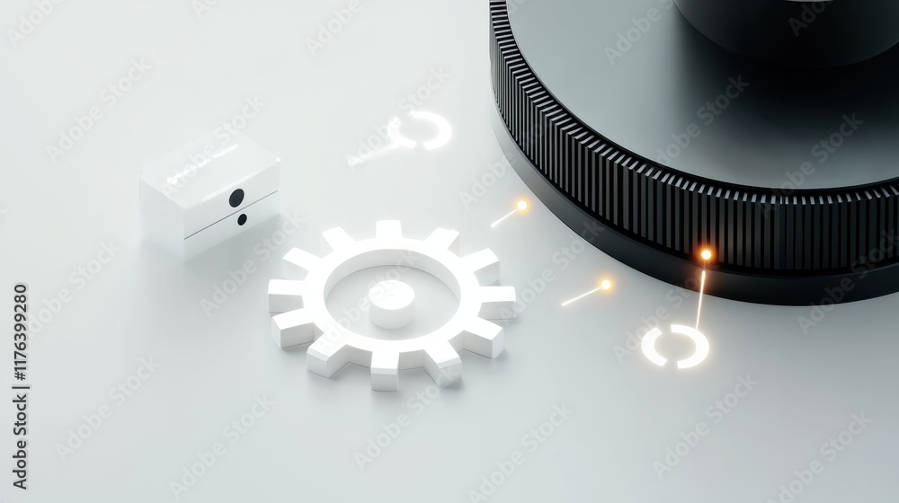 Poster industrial automation machine learning concept. a close-up image featuring a white gear, a black dia