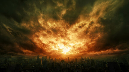 Obraz premium Dark Clouds Over Cityscape Signifying Pollution After the End of the World