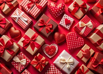 Valentine's Day Gift Boxes Top View - Red Background Stock Photo