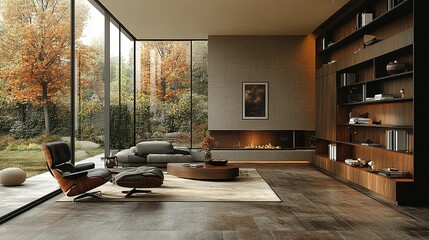 Obraz premium Modern Living Room Design with Autumnal View