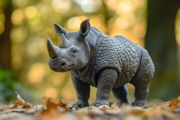 Fototapeta premium Rhinoceros toy action figure full body front view with blur forest background. World Rhino Day. World Wildlife Day. 